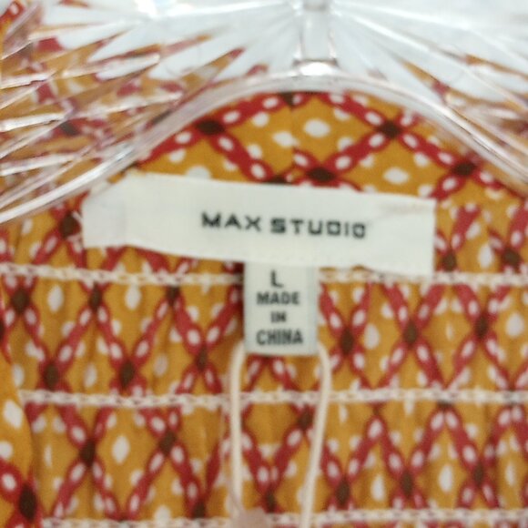 Max Studio Gold & Red Diamond Print Bow Neck Blouse - Picture 2 of 11